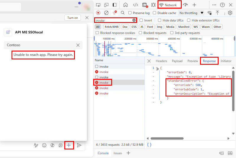 Screenshots shows the network tab, the list of Invoke Errors, and the error details in the response tab in Developer tools while running a message extension in Teams and getting an error.