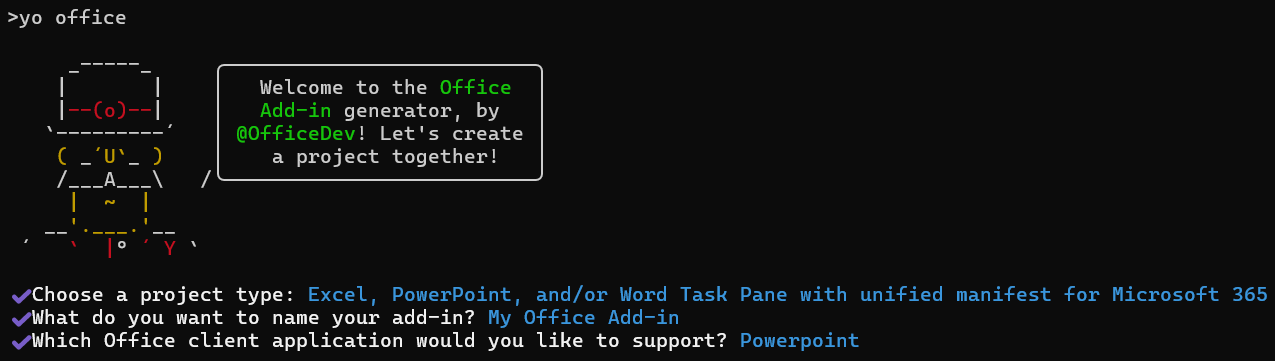 The prompts and answers for the Yeoman generator in a command line interface when the unified manifest is selected.