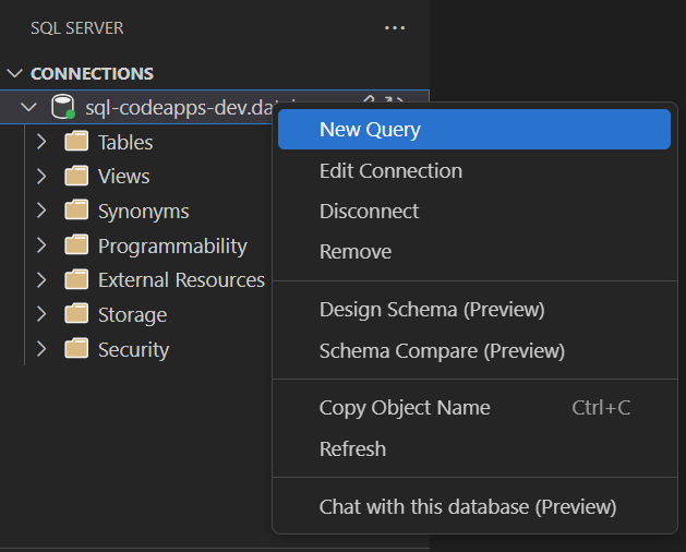 New Query command for database in VS Code SQL extension
