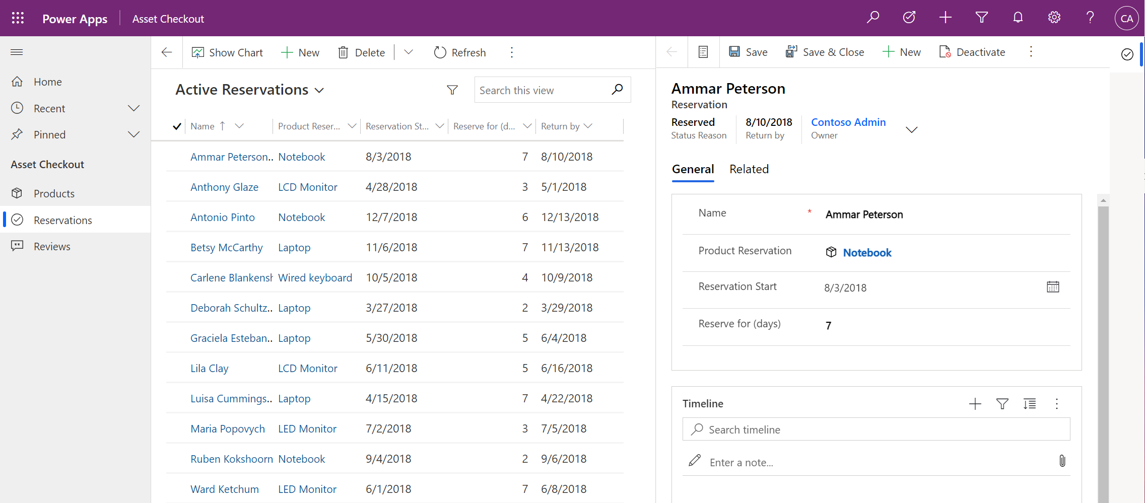 Screenshot showing an Active Reservations list opened to an individual record.