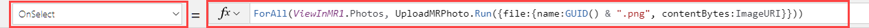 Ảnh chụp màn hình thuộc tính OnSelect của điều khiển nút trong thanh công thức Power Apps Studio, sẽ tải lên tất cả ảnh được chụp.