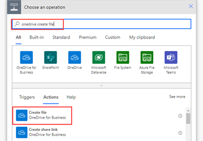 Ảnh chụp màn hình của cửa sổ chỉnh sửa Power Automate, với hành động Tạo tệp OneDrive được chọn.
