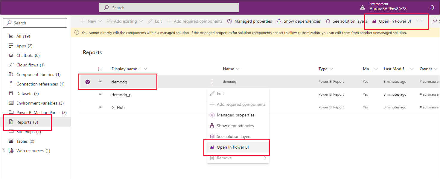 Ảnh chụp màn hình hiển thị tùy chọn Mở Power BI trong Power Apps.