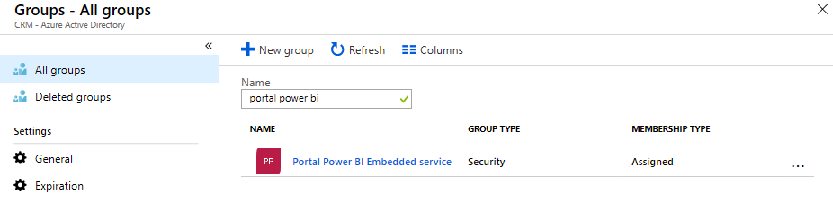 Tìm kiếm và chọn nhóm bảo mật cho dịch vụ Power BI Embedded.