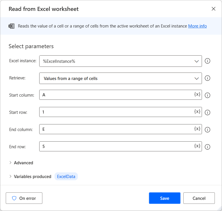 Ảnh chụp màn hình của hành động Đọc từ bảng tính Excel.