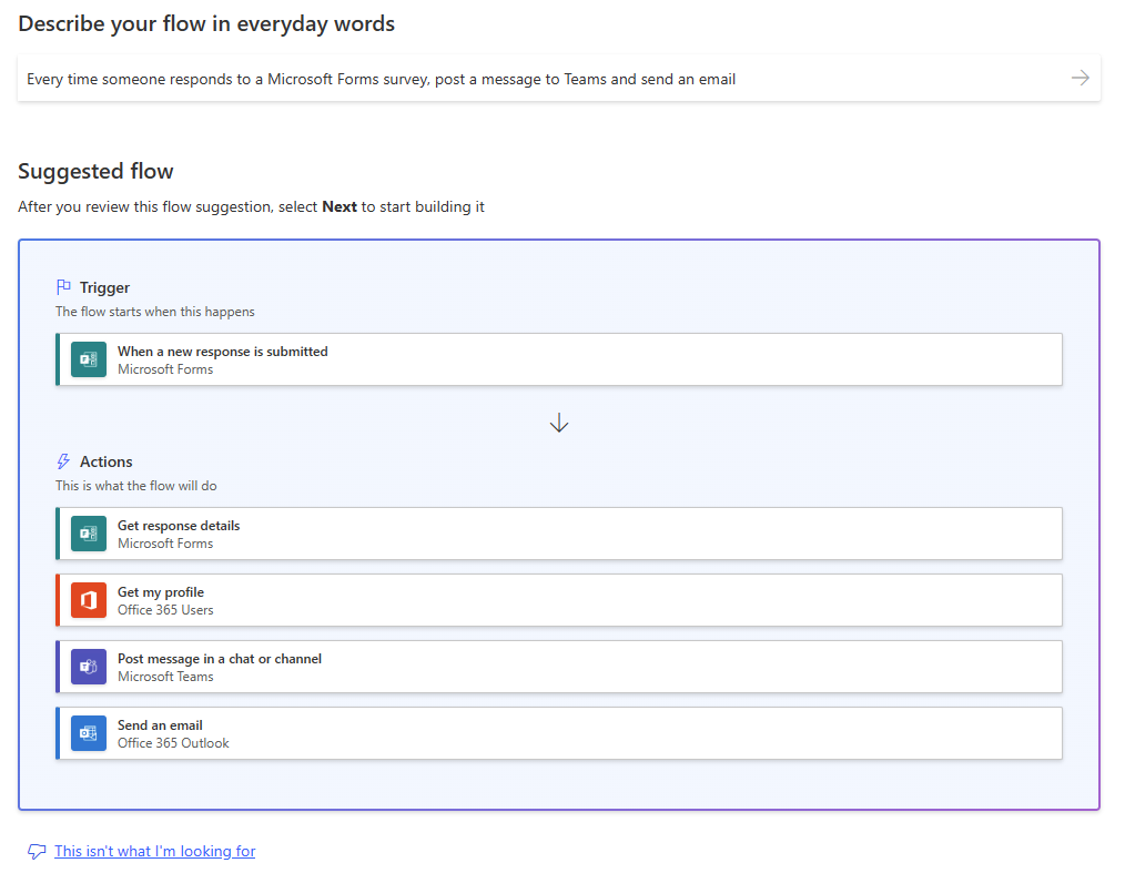 Ảnh chụp màn hình hiển thị luồng đề xuất sau khi cung cấp mô tả về nội dung cần tự động hóa.