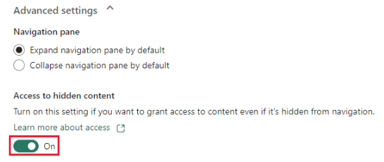 Screenshot showing turning on Access to hidden content.