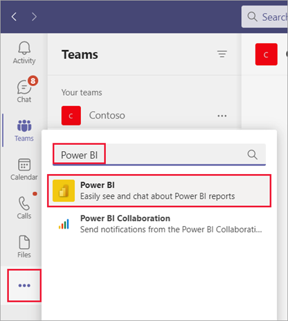 Screenshot of the Teams page with More added apps menu selected. Power BI is entered in the search bar and selected from the apps list.