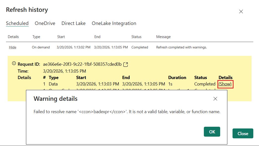 Screenshot of refresh history with refresh warnings.