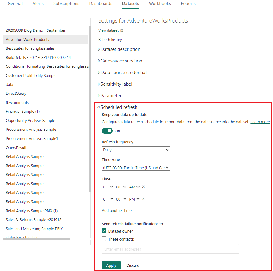 Screenshot that shows configuring scheduled refresh.