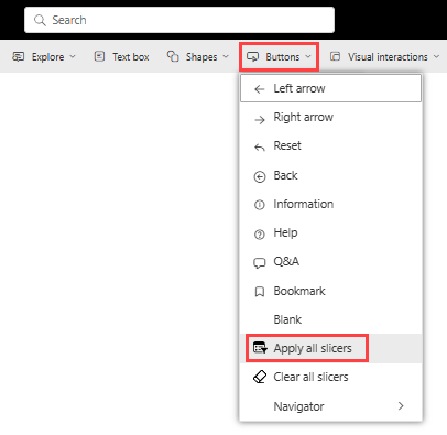 Screenshot showing Add a button control in the Power BI service.