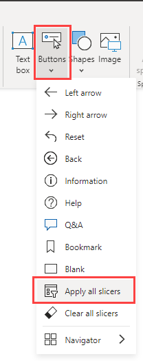 Screenshot showing Add a button control in Power BI Desktop.