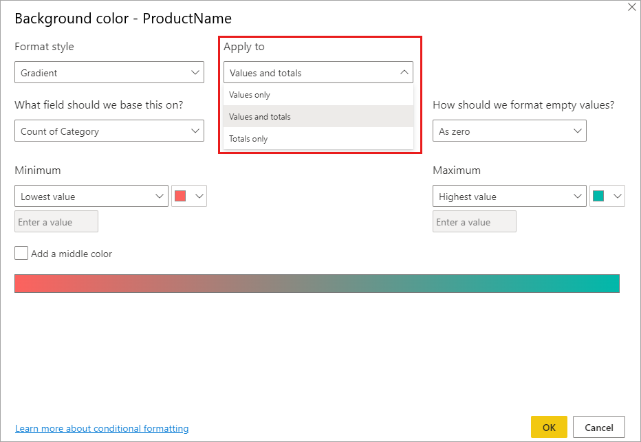 Conditional formatting dialog: Apply to dropdown is set to Values and totals.