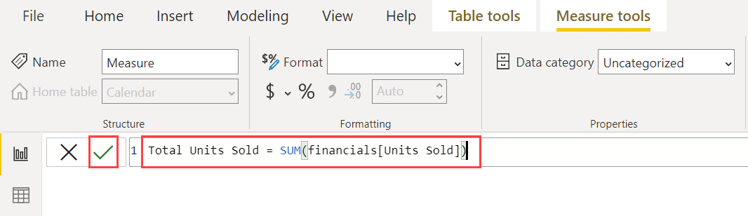 Screenshot of DAX expression Total Units Sold.