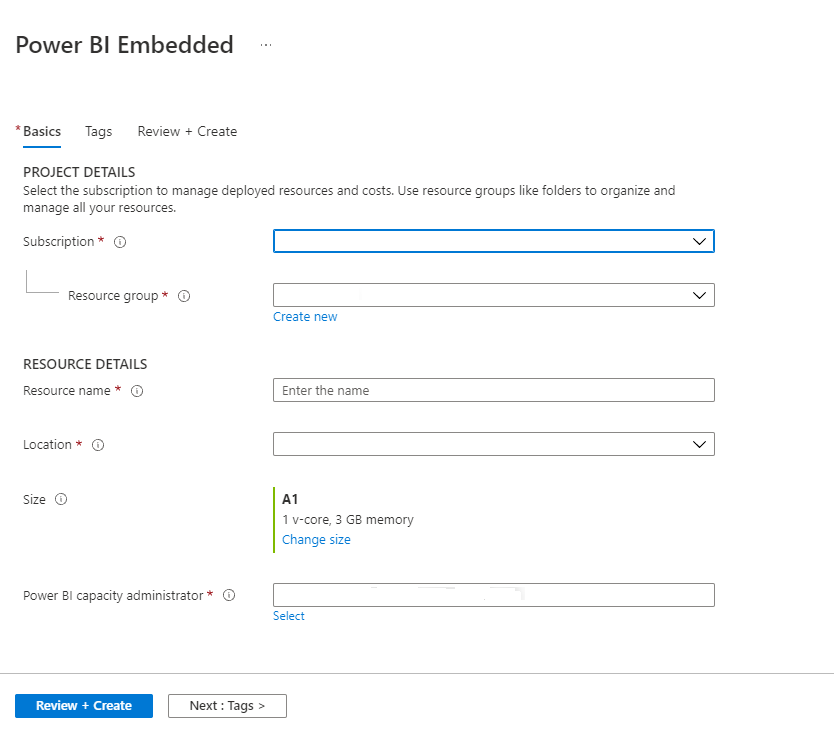 Screenshot shows the Basics tab of the Power B I Embedded page to create new capacity in the Azure portal.