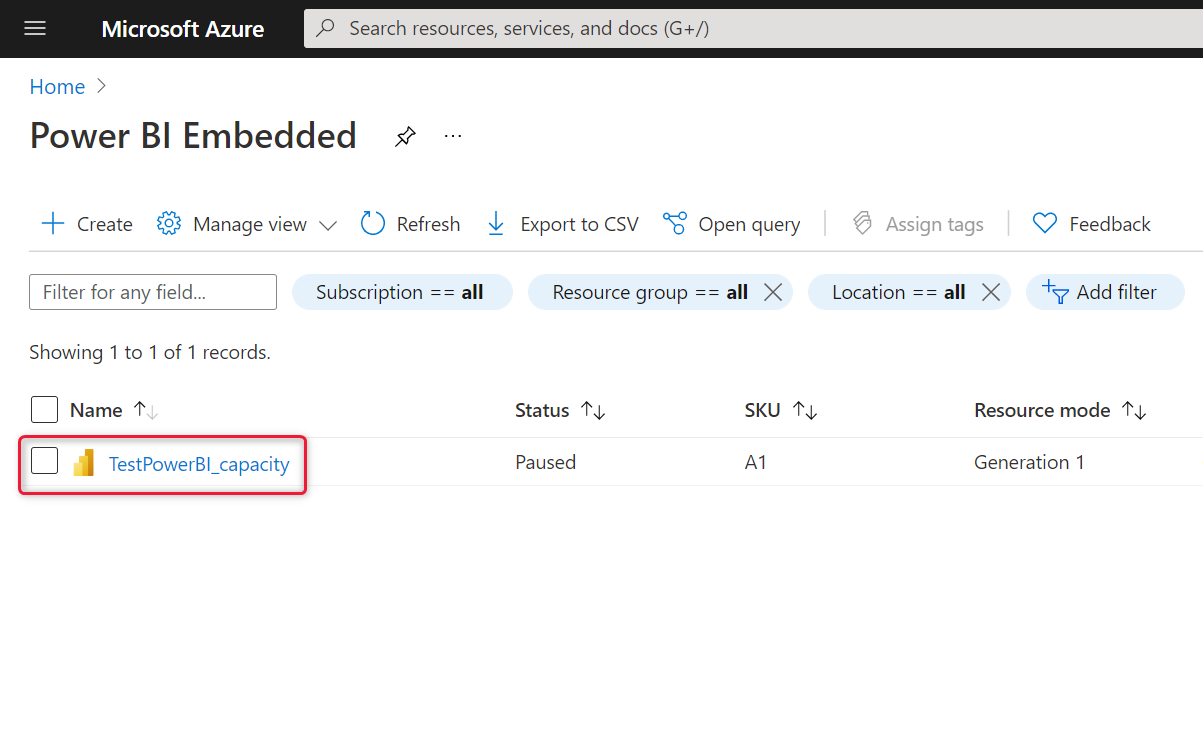 Screenshot of the Azure portal, which shows the list of Power BI Embedded capacities.