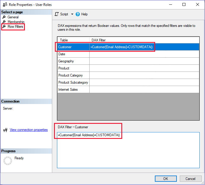 A screenshot showing how to add the function customData to the DAX query in a new role in Analysis Services server.