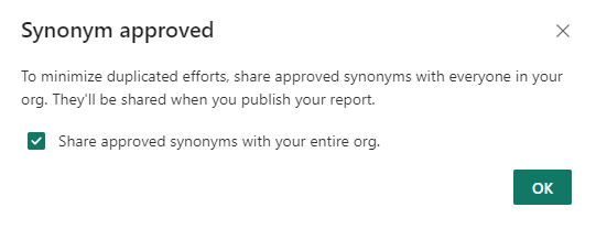 Screenshot of the dialog box to share synonyms with everyone in your org.