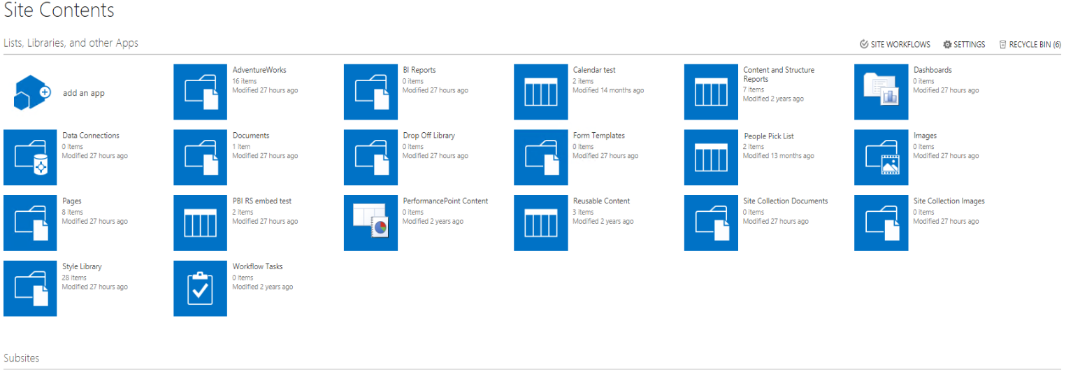 Screenshot of Site Contents page.