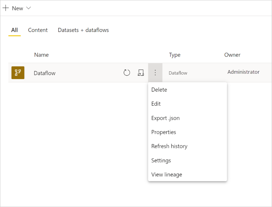 Screenshot of the dropdown settings of a Power BI dataflow.