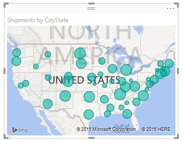 Screenshot of Power BI Desktop showing data represented in a Map visual.