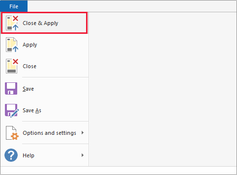 Screenshot of Power BI Desktop showing the Close and Apply option under the File tab.