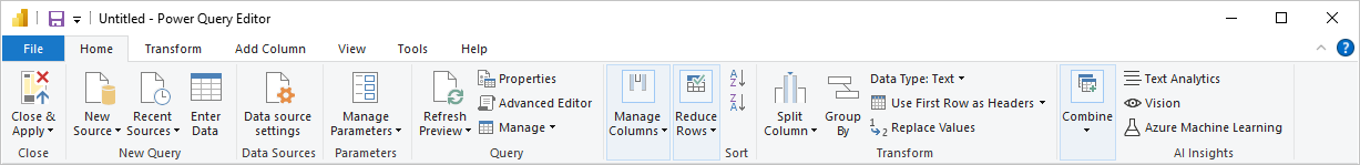 Screenshot of Power BI Desktop showing the Power Query Editor query ribbon.