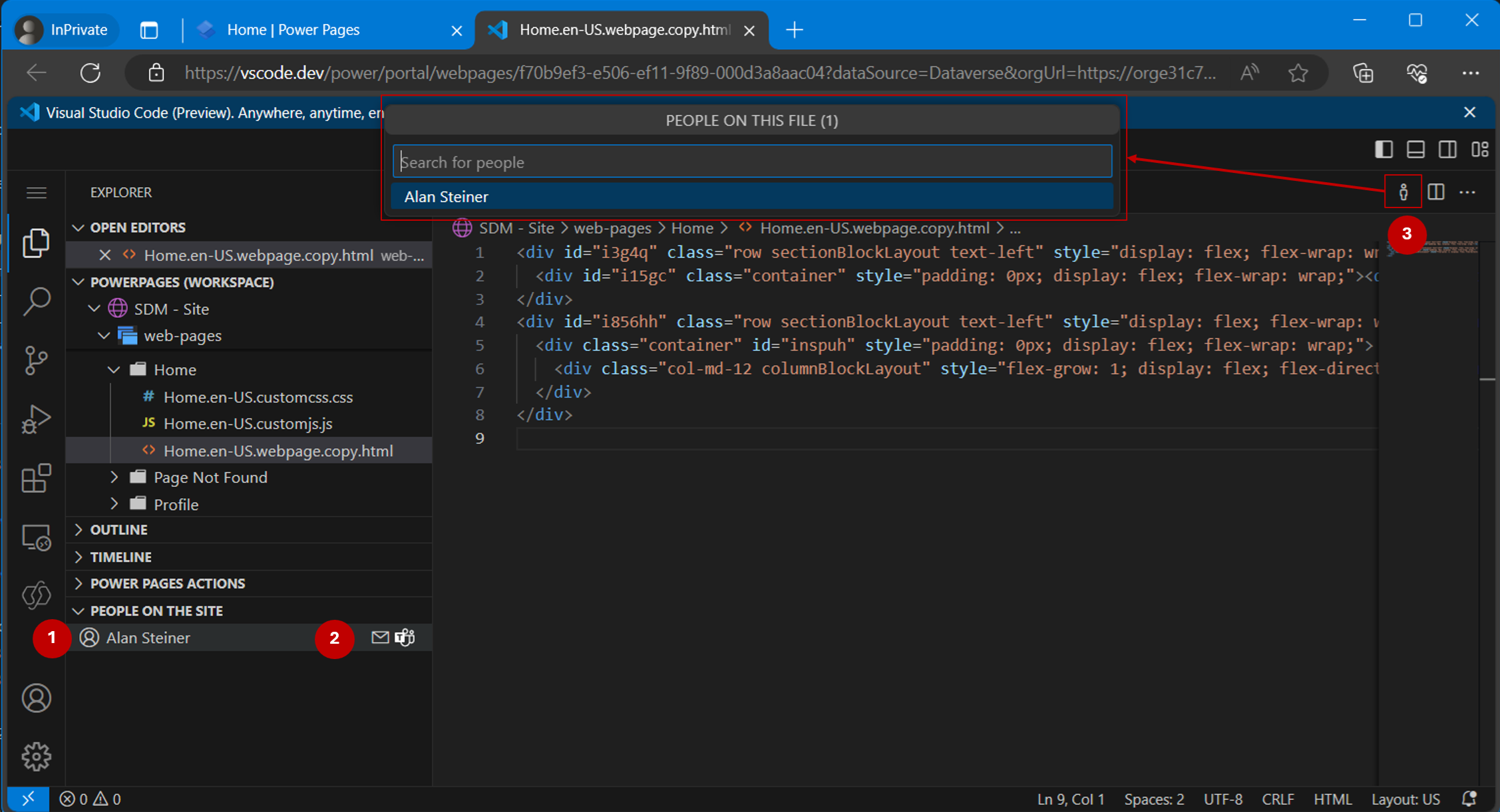 Ảnh chụp màn hình của  Visual Studio Code for the Web hiển thị người dùng trong bảng Hành động với thông tin người dùng.
