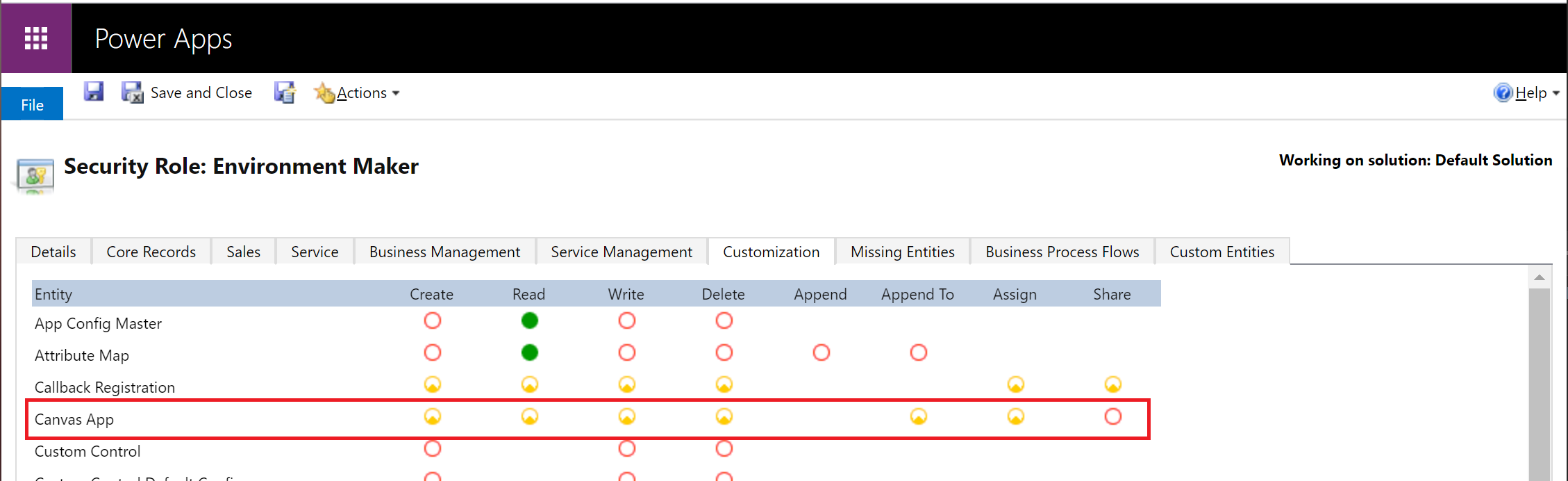 Dataverse Đặc quyền của ứng dụng Canvas.