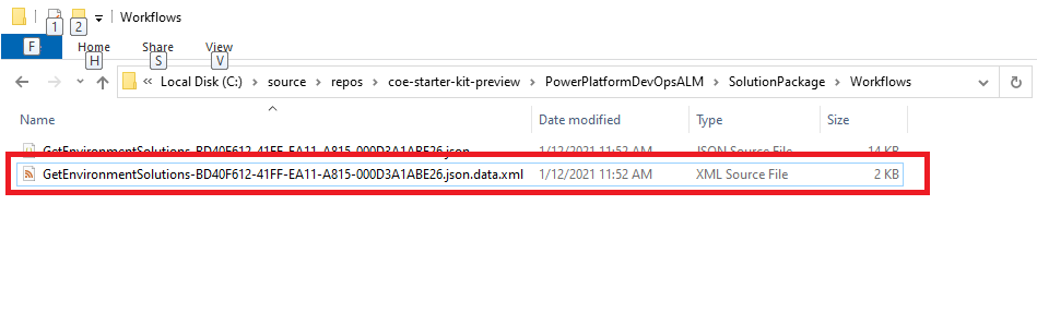 Ảnh chụp màn hình tệp XML quy trình giải pháp đã giải nén.