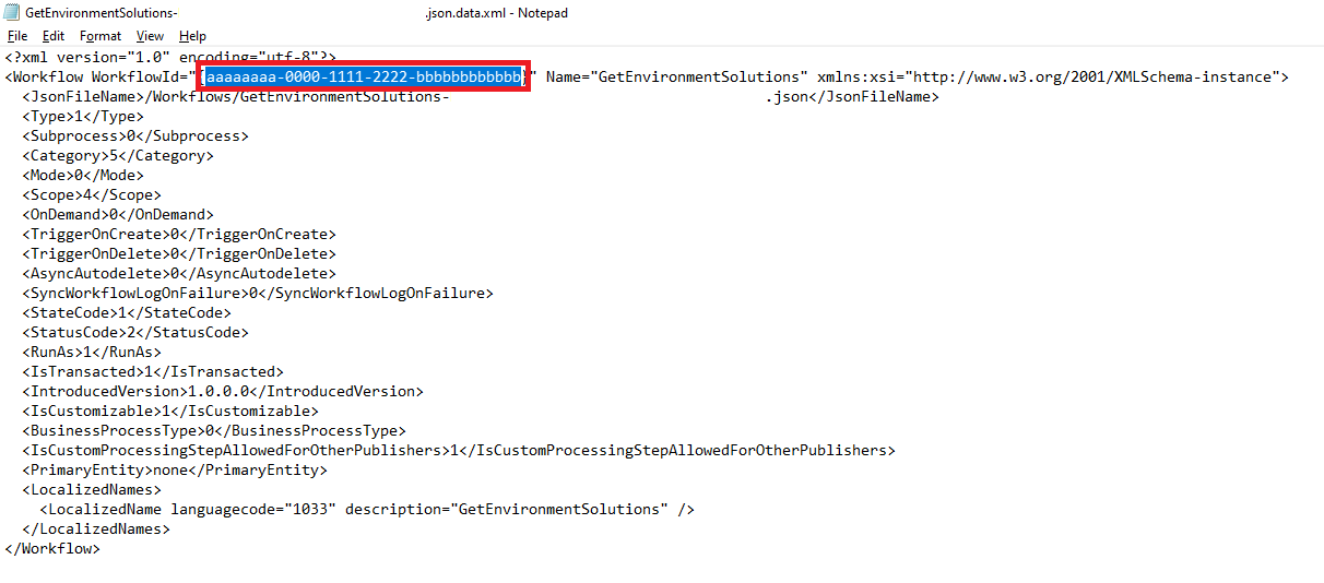 Ảnh chụp màn hình quy trình làm việc của giải pháp đã giải nén XML hiển thị WorkflowId.