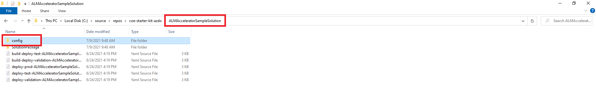 Ảnh chụp màn hình thư mục cấu hình trong thư mục giải pháp trong kho lưu trữ cục bộ.