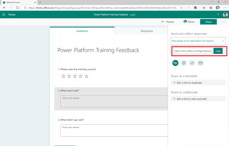 Sao chép URL biểu mẫu phản hồi để gửi và thu thập phản hồi.