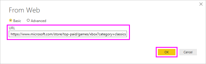 Screenshot of the From Web connection dialog with the Microsoft store URL emphasized.