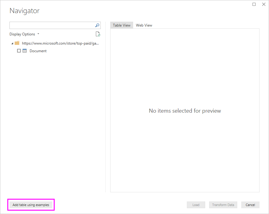 Screenshot of the Navigator with no tables displayed, and the Add table using examples button emphasized.