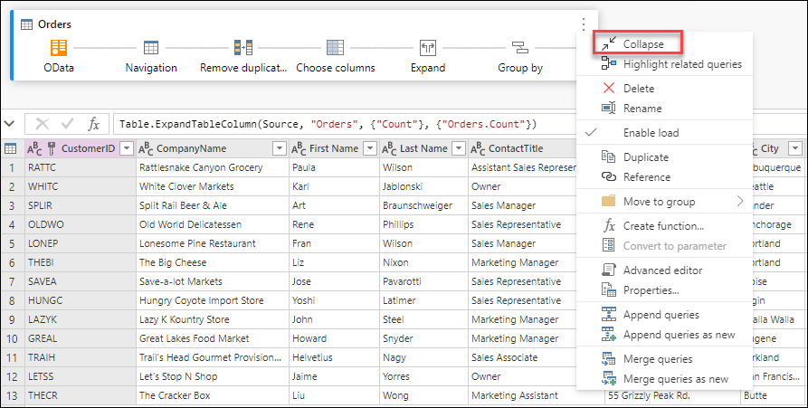 Collapse button inside the query context menu after right-clicking the query.