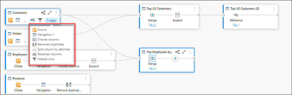 Callout showing the available steps in the Customers query after hovering over the number of steps label in the query.