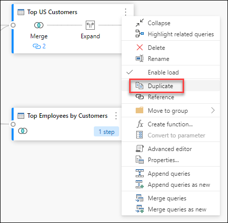 Duplicate option inside the query contextual menu.