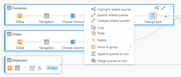 In diagram view, three queries highlighted in light blue signifying that they have been multi-selected, with a context menu in a red box displaying different operations.