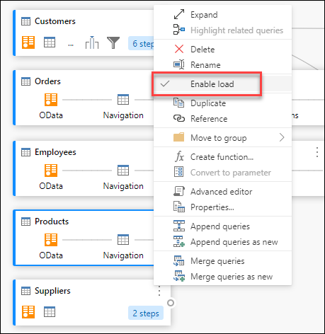 Enable load option inside the query contextual menu.