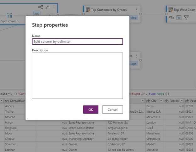 In the diagram view, showing a modal where step properties and description can be edited.