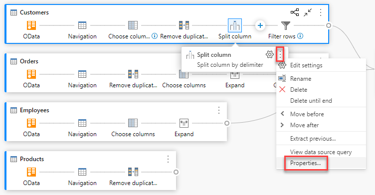 Properties option inside the step level contextual menu after selecting the ellipsis button.