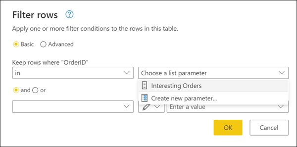 Filter rows dialog showing the in operator where you can use the new Interesting Orders list parameter.