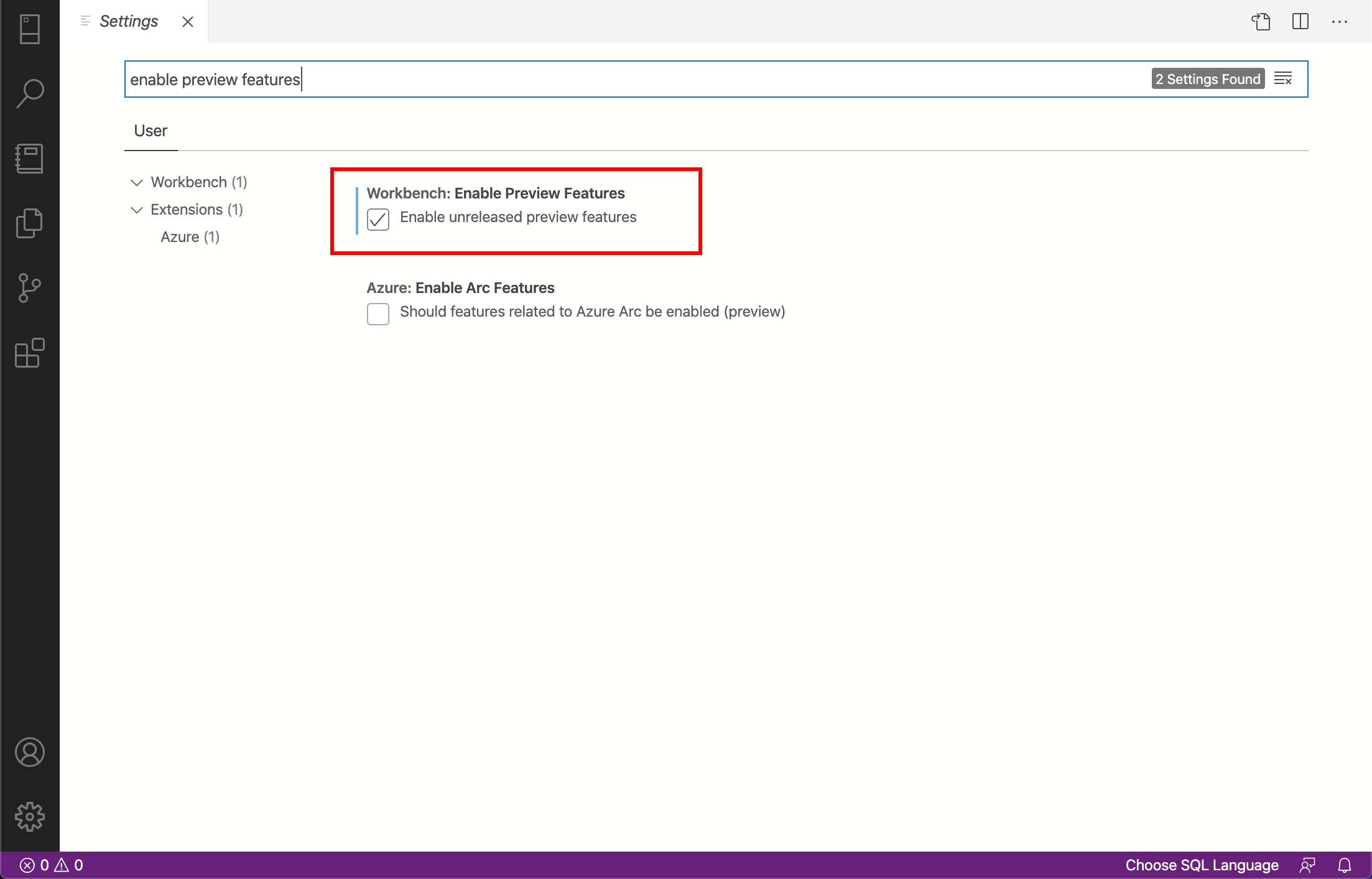 Screenshot of enabling preview features setting in ADS.