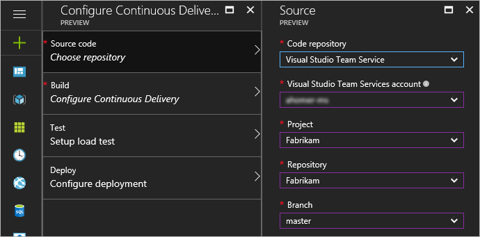 Specifying details of the source repository and branch