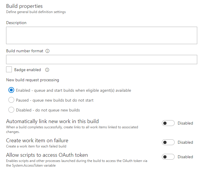 Build properties dialog, TFS-2018.