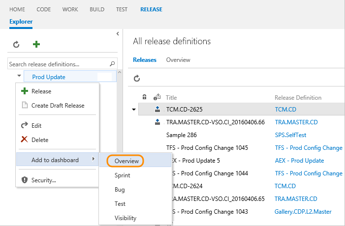 Screenshot of Add a Release pipeline chart to a dashboard, TFS 2018.