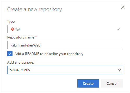 Screenshot of  Create a new repoistory dialog, TFS 2018 version.