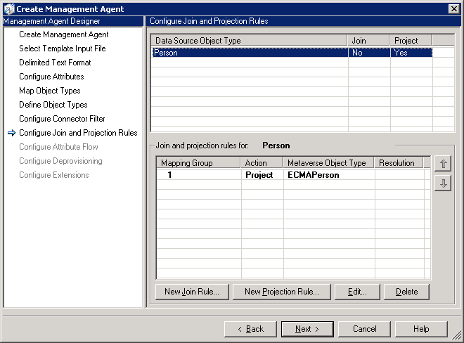 The Configure Join and Projection Rules page