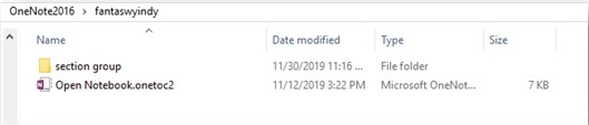 Screenshot of a OneNote notebook icon of a folder, with a ONETOC file underneath the folder.